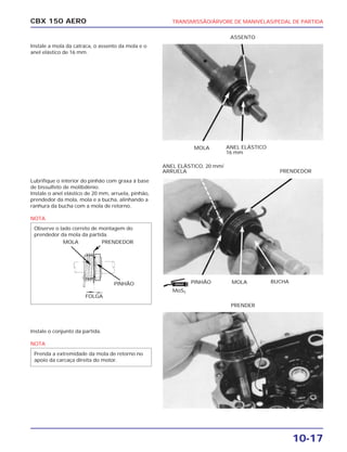 TRANSMISSÃO/ÁRVORE DE MANIVELAS/PEDAL DE PARTIDA
10-17
CBX 150 AERO
Instale a mola da catraca, o assento da mola e o
anel elástico de 16 mm.
Lubrifique o interior do pinhão com graxa à base
de bissulfeto de molibdênio.
Instale o anel elástico de 20 mm, arruela, pinhão,
prendedor da mola, mola e a bucha, alinhando a
ranhura da bucha com a mola de retorno.
NOTA
Instale o conjunto da partida.
NOTA
Prenda a extremidade da mola de retorno no
apoio da carcaça direita do motor.
Observe o lado correto de montagem do
prendedor da mola da partida.
MOLA ANEL ELÁSTICO
16 mm
ASSENTO
MoS2
PINHÃO MOLA BUCHA
ANEL ELÁSTICO, 20 mm/
ARRUELA PRENDEDOR
PRENDER
MOLA PRENDEDOR
PINHÃO
FOLGA
GRAXA
 