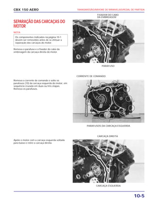 CBX 150 AERO
PARAFUSO
FIXADOR DO CABO
DA EMBREAGEM
PARAFUSOS DA CARCAÇA ESQUERDA
CORRENTE DE COMANDO
CARCAÇA ESQUERDA
TRANSMISSÃO/ÁRVORE DE MANIVELAS/PEDAL DE PARTIDA
10-5
SEPARAÇÃO DAS CARCAÇAS DO
MOTOR
NOTA
Remova o parafuso e o fixador do cabo da
embreagem da carcaça direita do motor.
Remova a corrente de comando e solte os
parafusos (10) da carcaça esquerda do motor, em
sequência cruzada em duas ou três etapas.
Remova os parafusos.
Apóie o motor com a carcaça esquerda voltada
para baixo e retire a carcaça direita.
Os componentes indicados na página 10-1
devem ser removidos antes de se efetuar a
separação das carcaças do motor.
CARCAÇA DIREITA
 