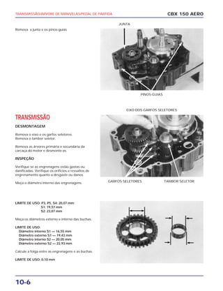 TRANSMISSÃO/ÁRVORE DE MANIVELAS/PEDAL DE PARTIDA
10-6
Remova a junta e os pinos-guias
TRANSMISSÃO
DESMONTAGEM
Remova o eixo e os garfos seletores.
Remova o tambor seletor.
Remova as árvores primária e secundária da
carcaça do motor e desmonte-as.
INSPEÇÃO
Verifique se as engrenagens estão gastas ou
danificadas. Verifique os orifícios e ressaltos de
engrenamento quanto a desgaste ou danos.
Meça o diâmetro interno das engrenagens.
LIMITE DE USO: P3, P5, S4: 20,07 mm
S1: 19,57 mm
S2: 23,07 mm
Meça os diâmetros externo e interno das buchas.
LIMITE DE USO:
Diâmetro interno S1 — 16,55 mm
Diâmetro externo S1 — 19,43 mm
Diâmetro interno S2 — 20,05 mm
Diâmetro externo S2 — 22,93 mm
Calcule a folga entre as engrenagens e as buchas.
LIMITE DE USO: 0,10 mm
CBX 150 AERO
PINOS-GUIAS
JUNTA
GARFOS SELETORES TAMBOR SELETOR
EIXO DOS GARFOS SELETORES
 