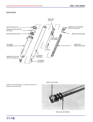 RODA DIANTEIRA/SUSPENSÃO/SISTEMA DE DIREÇÃO
11-18
MONTAGEM
Instale o anel do pistão e a mola de retorno no
pistão do amortecedor.
CBX 150 AERO
MOLA DE RETORNO
ANEL DO PISTÃO
RETENTOR DE PÓ
TRAVA DO RETENTOR
DE ÓLEO
RETENTOR DE ÓLEO
CILINDRO
EXTERNO
PARAFUSO ALLEN
20 N.m (2,0 kg.m)
ANEL DO
PISTÃO
MOLA DE
RETORNO
PISTÃO
CILINDRO
INTERNO
VEDADOR
DE ÓLEO
PARAFUSO SUPERIOR
23 N.m (2,3 kg.m)
ANEL DE VEDAÇÃO
MOLA DO
AMORTECEDOR
 