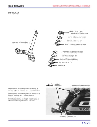 RODA DIANTEIRA/SUSPENSÃO/SISTEMA DE DIREÇÃO
11-25
CBX 150 AERO
INSTALAÇÃO
Aplique uma camada de graxa nas pistas de
esferas superior e instale as 21 esferas de aço.
Aplique uma camada de graxa na pista cônica
inferior e instale as 21 esferas de aço.
Introduza a coluna de direção no cabeçote do
chassi e instale a pista cônica superior.
ARRUELA
RETENTOR DE PÓ
PISTA CÔNICA INFERIOR
ESFERAS DE AÇO (21)
PISTA DE ESFERAS SUPERIOR
PISTA DE ESFERAS INFERIOR
ESFERAS DE AÇO (21)
PISTA CÔNICA SUPERIOR
PORCA DE AJUSTE
DA COLUNA DE DIREÇÃO
COLUNA DE DIREÇÃO
ESFERAS
(42 PEÇAS) PISTA CÔNICA SUPERIOR
COLUNA DE DIREÇÃO
GRAXA
 