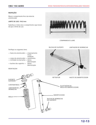 RODA TRASEIRA/FREIO/SUSPENSÃO/PARALAMA TRASEIRO
12-13
CBX 150 AERO
INSPEÇÃO
Meça o comprimento livre da mola do
amortecedor
LIMITE DE USO: 194,0 mm
Substitua a mola caso o comprimento seja menor
do que o limite de uso.
Verifique os seguintes itens
— haste do amortecedor — empenamento
riscos
oxidação
— corpo do amortecedor — vazamentos
— Limitador de borracha — danos
deterioração
— buchas dos suportes — danos
deterioração
MONTAGEM
COMPRIMENTO LIVRE
RETENTOR
SUPORTE
SUPERIOR
CONTRAPORCA
LIMITADOR DE
BORRACHA
MOLA
AJUSTADOR DA
MOLA DO AMORTECEDOR
AMORTECEDOR
BUCHA DE BORRACHA
DO SUPORTE
HASTE DO AMORTECEDOR
BUCHA DO SUPORTE LIMITADOR DE BORRACHA
 