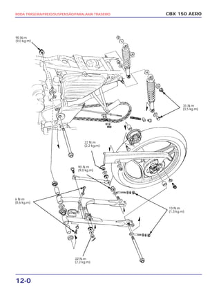 CBX 150 AERO
12-0
RODA TRASEIRA/FREIO/SUSPENSÃO/PARALAMA TRASEIRO
22 N.m
(2,2 kg.m)
13 N.m
(1,3 kg.m)
6 N.m
(0,6 kg.m)
90 N.m
(9,0 kg.m)
22 N.m
(2,2 kg.m)
35 N.m
(3,5 kg.m)
90 N.m
(9,0 kg.m)
 