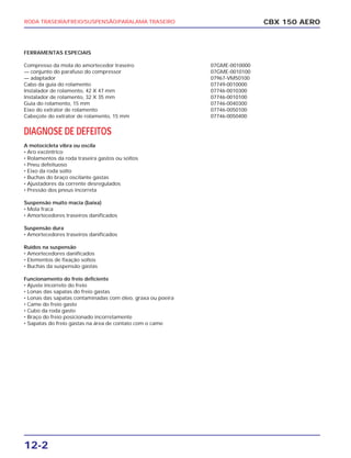 12-2
CBX 150 AERORODA TRASEIRA/FREIO/SUSPENSÃO/PARALAMA TRASEIRO
FERRAMENTAS ESPECIAIS
Compresso da mola do amortecedor traseiro 07GME-0010000
— conjunto do parafuso do compressor 07GME-0010100
— adaptador 07967-VM50100
Cabo da guia do rolamento 07749-0010000
Instalador de rolamento, 42 X 47 mm 07746-0010300
Instalador de rolamento, 32 X 35 mm 07746-0010100
Guia do rolamento, 15 mm 07746-0040300
Eixo do extrator de rolamento 07746-0050100
Cabeçote do extrator de rolamento, 15 mm 07746-0050400
DIAGNOSE DE DEFEITOS
A motocicleta vibra ou oscila
• Aro excêntrico
• Rolamentos da roda traseira gastos ou soltos
• Pneu defeituoso
• Eixo da roda solto
• Buchas do braço oscilante gastas
• Ajustadores da corrente desregulados
• Pressão dos pneus incorreta
Suspensão muito macia (baixa)
• Mola fraca
• Amortecedores traseiros danificados
Suspensão dura
• Amortecedores traseiros danificados
Ruídos na suspensão
• Amortecedores danificados
• Elementos de fixação soltos
• Buchas da suspensão gastas
Funcionamento do freio deficiente
• Ajuste incorreto do freio
• Lonas das sapatas do freio gastas
• Lonas das sapatas contaminadas com óleo, graxa ou poeira
• Came do freio gasto
• Cubo da roda gasto
• Braço do freio posicionado incorretamente
• Sapatas do freio gastas na área de contato com o came
 