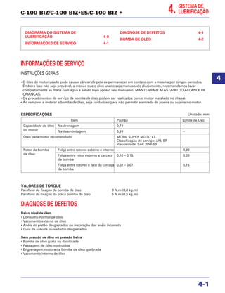 C-100 BIZ/C-100 BIZ•ES/C-100 BIZ +
SISTEMA DE
LUBRIFICAÇÃO
DIAGRAMA DO SISTEMA DE
LUBRIFICAÇÃO 4-0
INFORMAÇÕES DE SERVIÇO 4-1
DIAGNOSE DE DEFEITOS 4-1
BOMBA DE ÓLEO 4-2
INFORMAÇÕES DE SERVIÇO
INSTRUÇÕES GERAIS
• O óleo de motor usado pode causar câncer de pele se permanecer em contato com a mesma por longos períodos.
Embora isso não seja provável, a menos que o óleo usado seja manuseado diariamente, recomendamos lavar
completamente as mãos com água e sabão logo após o seu manuseio. MANTENHA-O AFASTADO DO ALCANCE DE
CRIANÇAS.
• Os procedimentos de serviço da bomba de óleo podem ser realizados com o motor instalado no chassi.
• Ao remover e instalar a bomba de óleo, seja cuidadoso para não permitir a entrada de poeira ou sujeira no motor.
ESPECIFICAÇÕES
4-1
Item Padrão Limite de Uso
Capacidade de óleo Na drenagem 0,7 l –
do motor Na desmontagem 0,9 l –
Óleo para motor recomendado MOBIL SUPER MOTO 4T
Classificação de serviço: API, SF –
Viscosidade: SAE 20W-50
Rotor da bomba Folga entre rotores externo e interno – 0,20
de óleo Folga entre rotor externo e carcaça 0,10 – 0,15 0,20
da bomba
Folga entre rotores e face da carcaça 0,02 – 0,07 0,15
da bomba
Unidade: mm
VALORES DE TORQUE
Parafuso de fixação da bomba de óleo 8 N.m (0,8 kg.m)
Parafuso de fixação da placa bomba de óleo 5 N.m (0,5 kg.m)
DIAGNOSE DE DEFEITOS
Baixo nível de óleo
• Consumo normal de óleo
• Vazamento externo de óleo
• Anéis do pistão desgastados ou instalação dos anéis incorreta
• Guia da válvula ou vedador desgastados
Sem pressão de óleo ou pressão baixa
• Bomba de óleo gasta ou danificada
• Passagens de óleo obstruídas
• Engrenagem motora da bomba de óleo quebrada
• Vazamento interno de óleo
4
4.
 