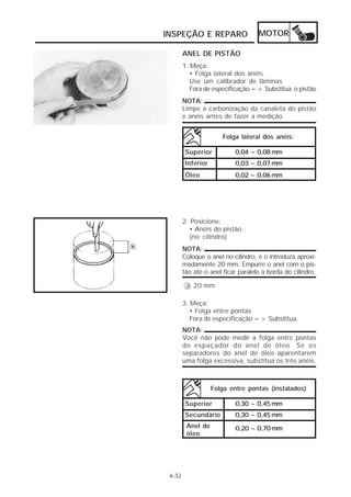 MOTOR 
INSPEÇÃO E REPARO 
4-32 
ANEL DE PISTÃO 
1. Meça: 
• Folga lateral dos anéis 
Use um calibrador de lâminas 
Fora de especificação => Substitua o pistão 
NOTA: 
Limpe a carbonização da canaleta do pistão 
e anéis antes de fazer a medição. 
Folga lateral dos anéis: 
Superior 0,04 ~ 0,08 mm 
Inferior 0,03 ~ 0,07 mm 
Óleo 0,02 ~ 0,06 mm 
2. Posicione: 
• Anéis do pistão 
(no cilindro) 
NOTA: 
Coloque o anel no cilindro, e o introduza aproxi-madamente 
20 mm. Empurre o anel com o pis-tão 
até o anel ficar paralelo à borda do cilindro. 
3. Meça: 
• Folga entre pontas 
Fora de especificação => Substitua. 
NOTA: 
Você não pode medir a folga entre pontas 
do espaçador do anel de óleo. Se os 
separadores do anel de óleo aparentarem 
uma folga excessiva, substitua os três anéis. 
Folga entre pontas (instalados) 
Superior 0,30 ~ 0,45 mm 
Secundário 0,30 ~ 0,45 mm 
Anel de 
óleo 
0,20 ~ 0,70 mm 
a 20 mm 
 