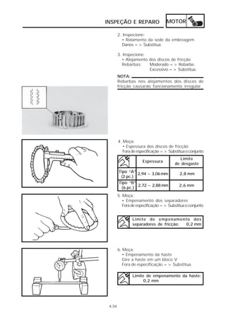 INSPEÇÃO E REPARO MOTOR 
4-34 
2. Inspecione: 
• Rolamento da sede da embreagem 
Danos => Substitua. 
3. Inspecione: 
• Alojamento dos discos de fricção 
Rebarbas: Moderado => Rebarbe. 
Excessivo => Substitua. 
NOTA: 
Rebarbas nos alojamentos dos discos de 
fricção causarão funcionamento irregular. 
4. Meça: 
• Espessura dos discos de fricção 
Fora de especificação => Substitua o conjunto 
Espessura 
Limite 
de desgaste 
2,94 ~ 3,06 mm 2,8 mm 
2,72 ~ 2,88 mm 2,6 mm 
Tipo “A” 
(2 pc.) 
Tipo “B” 
(6 pc.) 
5. Meça: 
• Empenamento dos separadores 
Fora de especificação => Substitua o conjunto 
Limite de empenamento dos 
separadores de fricção: 0,2 mm 
6. Meça: 
• Empenamento da haste 
Gire a haste em um bloco V 
Fora de especificação => Substitua. 
Limite de empenamento da haste: 
0,2 mm 
 