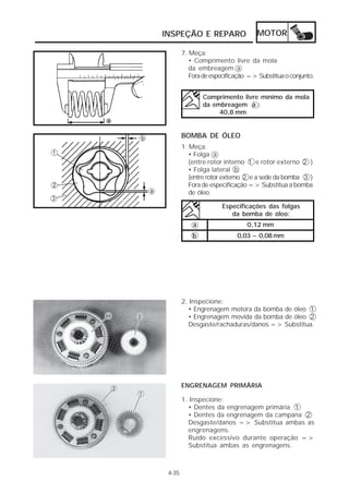 INSPEÇÃO E REPARO MOTOR 
4-35 
7. Meça: 
• Comprimento livre da mola 
da embreagem a 
Fora de especificação => Substitua o conjunto. 
Comprimento livre mínimo da mola 
da embreagem a : 
40,8 mm 
BOMBA DE ÓLEO 
1. Meça: 
• Folga a 
(entre rotor interno 1 e rotor externo 2 ) 
• Folga lateral b 
(entre rotor externo 2 e a sede da bomba 3 ) 
Fora de especificação => Substitua a bomba 
de óleo. 
Especificações das folgas 
da bomba de óleo: 
0,12 mm 
0,03 ~ 0,08 mm 
a 
b 
2. Inspecione: 
• Engrenagem motora da bomba de óleo 1 
• Engrenagem movida da bomba de óleo 2 
Desgaste/rachaduras/danos => Substitua. 
ENGRENAGEM PRIMÁRIA 
1. Inspecione: 
• Dentes da engrenagem primária 1 
• Dentes da engrenagem da campana 2 
Desgaste/danos => Substitua ambas as 
engrenagens. 
Ruído excessivo durante operação => 
Substitua ambas as engrenagens. 
 
