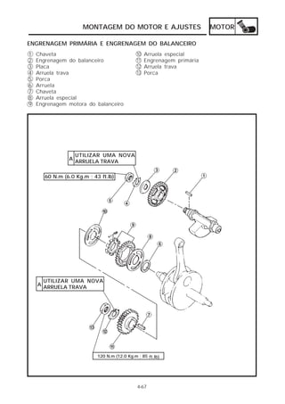 MONTAGEM DO MOTOR E AJUSTES MOTOR 
ENGRENAGEM PRIMÁRIA E ENGRENAGEM DO BALANCEIRO 
10 
11 
12 
13 
4-67 
123456789 
Arruela especial 
Engrenagem primária 
Arruela trava 
Porca 
Chaveta 
Engrenagem do balanceiro 
Placa 
Arruela trava 
Porca 
Arruela 
Chaveta 
Arruela especial 
Engrenagem motora do balanceiro 
UTILIZAR UMA NOVA 
A ARRUELA TRAVA 
60 N.m (6.0 Kg.m ; 43 ft.lb) 
UTILIZAR UMA NOVA 
A ARRUELA TRAVA 
120 N.m (12.0 Kg.m ; 85 ft.lb) 
 