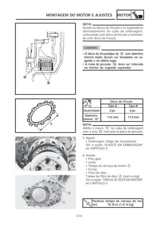 MONTAGEM DO MOTOR E AJUSTES MOTOR 
4-74 
NOTA: 
Instale os discos de fricção e os separadores 
alternadamente no cubo da embreagem, 
começando com disco de fricção e terminan-do 
com disco de fricção. 
CUIDADO: 
• O disco de fricção(tipo A) 15 com diâmetro 
interno maior devem ser instalados no se-gundo 
e no último lugar. 
• A mola de pressão 16 deve ser colocada 
no interior do segundo separador. 
Disco de fricção 
Tipo A Tipo B 
Quantidade 2 pc. 6 pc. 
Diâmetro 
interno “D” 
116 mm 113 mm 
NOTA: 
Alinhe a marca 17 no cubo da embreagem 
com a seta 18 marcada na placa de pressão. 
5. Ajuste: 
• Embreagem (folga do mecanismo) 
Ver a seção “AJUSTE DA EMBREAGEM” 
no CAPÍTULO 3. 
6. Instale: 
• Pino guia 
• Junta 
• Tampa da carcaça do motor 1 
• O-ring 
• Filtro de óleo 
Tampa do filtro de óleo 2 (com o-ring) 
Ver a seção “TROCA DE ÓLEO DO MOTOR” 
no CAPÍTULO 3. 
Parafuso (tampa da carcaça do mo-tor) 
10 N.m (1,0 m.kg) 
 