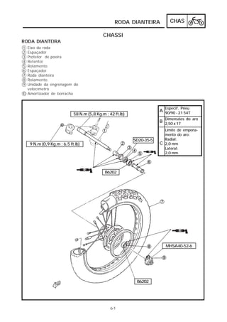 RODA DIANTEIRA CHAS 
6-1 
10 
CHASSI 
RODA DIANTEIRA 
123456789 
Eixo da roda 
Espaçador 
Protetor de poeira 
Retentor 
Rolamento 
Espaçador 
Roda dianteira 
Rolamento 
Unidade da engrenagem do 
velocímetro 
Amortizador de borracha 
A Especif. Pneu 
90/90 - 21 54T 
B Dimensões do aro 
2,50 x 17 
C 
Limite de empena-mento 
do aro: 
Radial: 
2,0 mm 
Lateral: 
2,0 mm 
MHSA40-52-6 
B6202 
58 N.m (5,8 Kg.m ; 42 ft.lb) 
9 N.m (0,9 Kg.m ; 6.5 ft.lb) 
SD20-35-5 
B6202 
 