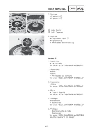 RODA TRASEIRA CHAS 
6-10 
7. Remova: 
• Espaçador 1 
• Espaçador 2 
AB 
Lado Direito 
Lado Esquerdo 
8. Remova: 
• Conjunto da coroa 1 
• Espaçador 2 
• Amortizador de borracha 3 
INSPEÇÃO 
1. Inspecione: 
• Eixo da roda 
Ver seção “RODA DIANTEIRA - INSPEÇÃO” 
2. Inspecione: 
• Pneu 
• Roda 
• Amortizador de borracha 
Ver seção “RODA DIANTEIRA - INSPEÇÃO” 
3. Inspecione: 
• Raios 
Ver seção “RODA DIANTEIRA - INSPEÇÃO” 
4. Meça: 
• Empeno da roda 
Ver seção “RODA DIANTEIRA - INSPEÇÃO” 
5. Verifique: 
• Retentores 
• Rolamentos 
Ver seção “RODA DIANTEIRA - INSPEÇÃO” 
6. Verifique: 
• Balanceamento da roda 
• Rolamentos 
Ver seção “RODA DIANTEIRA - AJUSTE DO 
BALANCEAMENTO DA RODA” 
 
