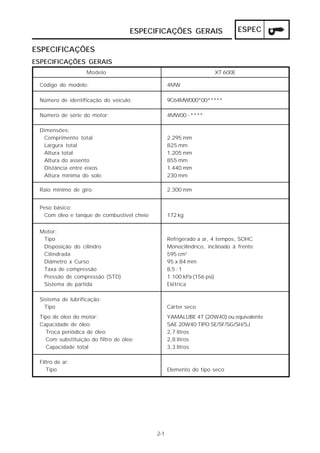 ESPEC 
ESPECIFICAÇÕES 
ESPECIFICAÇÕES GERAIS 
Modelo XT 600E 
Número de identificação do veículo: 
Número de série do motor: 
Dimensões: 
Comprimento total 
Largura total 
Altura total 
Altura do assento 
Distância entre eixos 
Altura mínima do solo 
Raio mínimo de giro: 2.300 mm 
2-1 
ESPECIFICAÇÕES GERAIS 
Código do modelo: 4MW 
YAMALUBE 4T (20W40) ou equivalente 
SAE 20W40 TIPO SE/SF/SG/SH/SJ 
2,7 litros 
2,8 litros 
3,3 litros 
Elemento do tipo seco 
Tipo de óleo do motor: 
Capacidade de óleo: 
Troca periódica de óleo 
Com substituição do filtro de óleo 
Capacidade total 
Filtro de ar: 
Tipo 
Cárter seco 
Sistema de lubrificação: 
Tipo 
Refrigerado a ar, 4 tempos, SOHC 
Monocilíndrico, inclinado à frente 
595 cm3 
95 x 84 mm 
8,5 : 1 
1.100 kPa (156 psi) 
Elétrica 
Motor: 
Tipo 
Disposição do cilindro 
Cilindrada 
Diâmetro x Curso 
Taxa de compressão 
Pressão de compressão (STD) 
Sistema de partida 
172 kg 
Peso básico: 
Com óleo e tanque de combustível cheio 
9C64MW000*00***** 
4MW00 - **** 
2.295 mm 
825 mm 
1.205 mm 
855 mm 
1.440 mm 
230 mm 
 