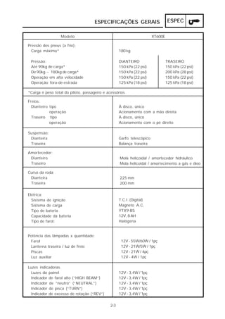 ESPECIFICAÇÕES GERAIS ESPEC 
Modelo XT600E 
2-3 
Pressão dos pneus (a frio): 
Carga máxima* 
Pressão: 
Até 90kg de carga* 
De 90kg ~ 180kg de carga* 
Operação em alta velocidade 
Operação fora-de-estrada 
180 kg 
DIANTEIRO 
150 kPa (22 psi) 
150 kPa (22 psi) 
150 kPa (22 psi) 
125 kPa (18 psi) 
*Carga é peso total do piloto, passageiro e acessórios 
12V - 3,4W / 1pç 
12V - 3,4W / 1pç 
12V - 3,4W / 1pç 
12V - 3,4W / 1pç 
12V - 3,4W / 1pç 
Potência das lâmpadas x quantidade: 
Farol 
Lanterna traseira / luz de freio 
Piscas 
Luz auxiliar 
Luzes indicadoras 
Luzes do painel 
Indicador de farol alto (“HIGH BEAM”) 
Indicador de “neutro” (“NEUTRAL”) 
Indicador de pisca (“TURN”) 
Indicador de excesso de rotação (“REV”) 
12V - 55W/60W / 1pç 
12V - 21W/5W / 1pç 
12V - 21W / 4pç 
12V - 4W / 1pç 
Elétrica: 
Sistema de ignição 
Sistema de carga 
Tipo de bateria 
Capacidade da bateria 
Tipo de farol: 
T.C.I. (Digital) 
Magneto A.C. 
YTX9-BS 
12V, 8 AH 
Halógena 
Amortecedor: 
Dianteiro 
Traseiro 
TRASEIRO 
150 kPa (22 psi) 
200 kPa (28 psi) 
150 kPa (22 psi) 
125 kPa (18 psi) 
Mola helicoidal / amortecedor hidráulico 
Mola helicoidal / amortecimento a gás e óleo 
Suspensão: 
Dianteira 
Traseira 
Garfo telescópico 
Balança traseira 
Freios: 
Dianteiro tipo 
operação 
Traseiro tipo 
operação 
À disco, único 
Acionamento com a mão direita 
À disco, único 
Acionamento com o pé direito 
Curso da roda: 
Dianteira 
Traseira 
225 mm 
200 mm 
 