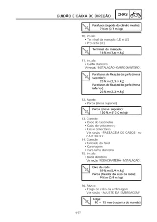 CHAS 
GUIDÃO E CAIXA DE DIREÇÃO 
6-57 
Parafusos (suporte do cilindro mestre): 
7 N.m (0,7 m.kg) 
10. Instale: 
• Terminal da manopla (LD e LE) 
• Proteção (LE) 
Terminal da manopla: 
16 N.m (1,6 m.kg) 
11. Instale: 
• Garfo dianteiro 
Ver seção “INSTALAÇÃO - GARFO DIANTEIRO”. 
Parafusos de fixação do garfo (mesa 
superior): 
23 N.m (2,3 m.kg) 
Parafusos de fixação do garfo (mesa 
inferior): 
23 N.m (2,3 m.kg) 
12. Aperte: 
• Porca (mesa superior) 
Porca (mesa superior): 
130 N.m (13,0 m.kg) 
13. Conecte: 
• Cabo do tacômetro 
• Cabo do velocímetro 
• Fios e conectores 
Ver seção “PASSAGEM DE CABOS” no 
CAPÍTULO 2. 
14. Conecte: 
• Unidade do farol 
• Carenagem 
• Pára-lama dianteiro 
15. Instale: 
• Roda dianteira 
Ver seção “RODA DIANTEIRA - INSTALAÇÃO”. 
Eixo da roda: 
59 N.m (5,9 m.kg) 
Porca (fixador do eixo da roda): 
9 N.m (0,9 m.kg) 
16. Ajuste: 
• Folga do cabo da embreagem 
Ver seção “AJUSTE DA EMBREAGEM” 
Folga: 
10 ~ 15 mm (na ponta do manete) 
 