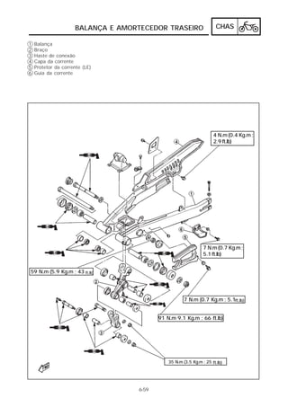 BALANÇA E AMORTECEDOR TRASEIRO CHAS 
6-59 
123456 
Balança 
Braço 
Haste de conexão 
Capa da corrente 
Protetor da corrente (LE) 
Guia da corrente 
59 N.m (5.9 Kg.m ; 43 ft.lb) 
4 N.m (0.4 Kg.m ; 
2.9 ft.lb) 
7 N.m (0.7 Kg.m ; 
5.1 ft.lb) 
7 N.m (0.7 Kg.m ; 5.1ft.lb) 
91 N.m 9.1 Kg.m ; 66 ft.lb) 
35 N.m (3.5 Kg.m ; 25 ft.lb) 
 