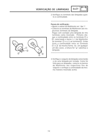 VERIFICAÇÃO DE LÂMPADAS ELÉT 
7-9 
2.Verifique os terminais das lâmpadas quan-to 
à continuidade. 
************************************** 
Passos de verificação : 
• Ajuste o seletor do Multitester em “ x 1”. 
• Conecte os terminais do Multitester aos res-pectivos 
3.Verifique o soquete da lâmpada conectando 
a ele uma lâmpada pré testada. Como foi 
feito para as lâmpadas, conecte os bornes 
do Multitester aos respectivos fios do 
soquete e verifique a continuidade da mes-ma 
maneira mostrada acima. 
Ω 
terminais da lâmpada. 
Pegue com exemplo uma lâmpada de três 
terminais como mostrado. Primeiro che-que 
a continuidade entre os terminais 1 e 
2 conectando o borne (+) do Multitester 
ao terminal 1 e o (-) ao terminal 2 . Então 
teste a continuidade entre os terminais 
1 e 3 da mesma forma. Se, em qualquer 
um dos casos, a leitura for “ ∞∞∞∞ 
” substitua a 
lâmpada. 
************************************** 
 