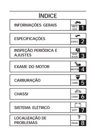 INFORMAÇÕES GERAIS 
ESPECIFICAÇÕES 
INSPEÇÃO PERIÓDICA E 
AJUSTES 
EXAME DO MOTOR 
CARBURAÇÃO 
CHASSI 
SISTEMA ELÉTRICO 
LOCALIZAÇÃO DE 
PROBLEMAS 
INFO 
GER 
ESPEC 
INSP 
AJUS 
MOTOR 
CARB 
CHAS 
ELÉT 
PROB 
1 
2 
3 
4 
5 
6 
7 
8 
ÍNDICE 
? 
 