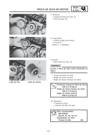 INSP 
AJUS 
TROCA DE ÓLEO DO MOTOR 
3-20 
7. Remova: 
• Tampa do filtro de óleo 1 
• Filtro de óleo 2 
8. Inspecione: 
• Juntas (cada uma delas) 
• O-ring 1 
Danos => Substitua. 
9. Instale: 
• Novo filtro de óleo 1 
CUIDADO: 
Instale o filtro de óleo como mostrado na 
figura. 
Parafusos (tampa do filtro de óleo): 
10N.m (1,0 Kg.m) 
Bujão de dreno (tanque de óleo): 
18N.m (1,8 Kg.m) 
Bujão de dreno (cárter): 
30N.m (3,0 Kg.m) 
Óleo recomendado: 
SAE 20W40 
tipo SE, SF, SG, SH, SJ 
Quantidades de óleo: 
Tanque de óleo: 2,8L 
Lado de fora Lado de dentro 
• Tampa do filtro de óleo 
• Bujão de dreno (cárter) 
• Bujão de dreno (tanque de óleo) 
10. Abasteça: 
• Tanque de óleo 
• Câmara do filtro de óleo 
 