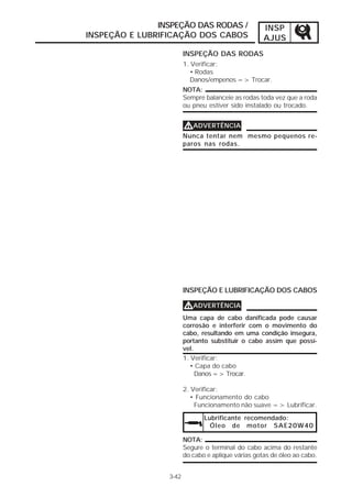 INSP 
AJUS 
INSPEÇÃO DAS RODAS / 
INSPEÇÃO E LUBRIFICAÇÃO DOS CABOS 
NOTA: 
Sempre balanceie as rodas toda vez que a roda 
ou pneu estiver sido instalado ou trocado. 
VVVVADVERTÊNCIA 
Nunca tentar nem mesmo pequenos re-paros 
nas rodas. 
INSPEÇÃO E LUBRIFICAÇÃO DOS CABOS 
VVVVADVERTÊNCIA 
1. Verificar: 
• Capa do cabo 
Danos => Trocar. 
2. Verificar: 
• Funcionamento do cabo 
Funcionamento não suave => Lubrificar. 
3-42 
INSPEÇÃO DAS RODAS 
1. Verificar: 
• Rodas 
Danos/empenos => Trocar. 
Uma capa de cabo danificada pode causar 
corrosão e interferir com o movimento do 
cabo, resultando em uma condição insegura, 
portanto substituir o cabo assim que possí-vel. 
Lubrificante recomendado: 
Óleo de motor SAE20W40 
NOTA: 
Segure o terminal do cabo acima do restante 
do cabo e aplique várias gotas de óleo ao cabo. 
 