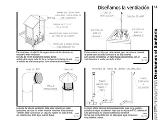 abrazaderas para sostener
el tubo en la caseta
capucho
tuberia de 2" a 4"
(5 a 10 cm)
orientado a donde reciba
más horas de sol
arriba del techo para
asegurar circulación de
aire constante
Para mantener circulación de oxigeno dentro de las cámaras, es
necesario tener ventilación.
Un tubo de 10 cm de diametro ubicado donde
reciba sol la mayor parte del día y con buena circulación de aire
al rededor es una buena opción como sistema de ventilación.
La punta del tubo de ventilación debe estar cubierta con malla
mosquitera para que no entren insectos voladores a las cámaras.
También debe cubrirse con un capucho o poner un codo al final,
así evitamos que entre agua cuando llueve.
malla
mosquitera
codo de 90º
30-50 cm
Es mejor utilizar tubos de lámina galvanizada, pues no se oxidan y
pintados de negro se calientan mejor que los tubos de PVC. Además el
tubo galvanizado no se pone quebradizo con el sol.
No hay que confundirlos con los tubos para agua porque son
muy pesados y caros.
cuadro cuadro
tubos
unidos con
codos y
tees
opciones de tubos de lámina galvanizada
tubos
cortados
y
soldados
tubo de
ventilacion
Podemos tener un tubo por cada cámara, pero para ahorrar material
se puede usar uno sólo conectado a las dos cámaras.
Con una tee conectamos un tramo hacia cada cámara y con un
codo hacemos la vuelta para subir el tubo.
succión de
aire en
cámara 1
cuadro cuadro
salida de aire
succión de
aire en
cámara 2
Diseñamos la ventilación
DiseñamoselSanitariomanualdeDISEŃO,construcción,usoymantenimiento
SanitarioEcológicoSeco
14
2.9 2.10
2.122.11
 