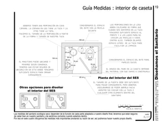 Otras opciones para diseñar
el interior del SES
el tamaño de la puerta debe ser suficiente
para pasar comodamente, pero debemos
asegurarnos de poder abrirla hacia
adentro sin chocar con la taza o
cualquier otro elemento dentro del
sanitario
Las medidas del sanitario ecológico seco dependen de la función de cada parte adaptada a nuestro diseño final, tenemos que estar seguros
de caber bien en nuestro sanitario y de sentirnos comodos cuando estamos dentro.
Por eso en este cuadro dibujamos las medidas más importantes anotando su razón de ser; así podremos hacer nuestro propio diseño.
3010 200
cuadro
100 cm40 50
escala grafica
consideramos el espacio
del bote con la mezcla
secante
44 cm
160 cm
80 cm
el mingitorio puede ubicarse y
moverse según convenga.
tenemos que estar seguros de
ubicarlo en un sitio donde tengamos
suficiente espacio para orinar
comodamente
20 cm
30 cm
25 cm
36 cm
76 cm
12 cm
100 cm
debemos tener una perforación en cada
cámara. la cámara en uso tiene la taza y la
otra tiene la tapa.
Hacemos el tamaño de la perforación a partir
de la forma y tamaño de nuestra taza
las perforaciones en la losa
deben colocarse de forma que
cuando nos sentemos en la taza
tengamos suficiente espacio al
frente y a los lados para no
chocar las rodillas o codos
contra algo. tambien dejamos
espacio atrás de la taza para
facilitar la limpieza
el grueso del muro de la caseta depende
del material con que vamos a construirla
consideramos el espacio del bote para
papeles sucios
Planta del Interior del SES
50 cm
30cm
8 cm
Guía Medidas : interior de caseta
DiseñamoselSanitariomanualdeDISEŃO,construcción,usoymantenimiento
SanitarioEcológicoSeco
19
2.17
 