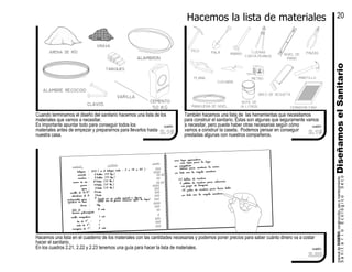 ARCO DE SEGUETA
También hacemos una lista de las herramientas que necesitamos
para construir el sanitario. Estas son algunas que seguramente vamos
a necesitar, pero puede haber otras necesarias según cómo
vamos a construir la caseta. Podemos pensar en conseguir
prestadas algunas con nuestros compañeros.
Cuando terminamos el diseño del sanitario hacemos una lista de los
materiales que vamos a necesitar.
Es importante apuntar todo para conseguir todos los
materiales antes de empezar y prepararnos para llevarlos hasta
nuestra casa.
alambron
clavos
alambre recocido
arena de río
varilla
grava
MANGUERA DE NIVEL
cuadro
cemento
50 KG
BOTE DE
19 LITROS
PALA
PLANA
PICO
MARRO TIJERAS
CORTA−PERNOS
CUCHARA
METRO
cuadro
CERNIDOR FINO
PINZASNIVEL DE
MANO
MARTILLO
Hacemos una lista en el cuaderno de los materiales con las cantidades necesarias y podemos poner precios para saber cuánto dinero va a costar
hacer el sanitario.
En los cuadros 2.21, 2.22 y 2.23 tenemos una guía para hacer la lista de materiales. cuadro
tabiques
Hacemos la lista de materiales
DiseñamoselSanitariomanualdeDISEŃO,construcción,usoymantenimiento
SanitarioEcológicoSeco
20
2.18 2.19
2.20
cemento
 