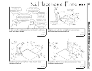 HacemoselFirme
Escarbamos aproximadamente 10 cm en todo el cuadro donde
vamos a hacer el firme.
cuadro cuadro
espacio para
compuertas de
vaciado
Dibujamos en el suelo cómo vamos a hacer nuestras cámaras y
ahora podemos empezar a hacer el firme.
El compañero
Santiago sabe
mucho de
construcción,
podemos ir con él
para pedirle que
nos ayude después
le ayudamos
nosotros a hacer
su sanitario.
Si algún compañero ha trabajado antes en construcción le pedimos su
apoyo para hacer el sanitario.
cuadro
Pues entonces nos
enseña ahora cómo se
hace y nosotros ponemos
mucha atención
para aprender
Un poco, porque
estuve tabajando en
eso hace algunos
años.
Compañero Juan,
tiene algo de
experiencia en esto
de albañilería,
¿verdad?
130 cm
cuadro
170 cm
100 cm
espacio para
escalones
cámara 2
cámara 1
muros
Compactamos el terreno con un objeto pesado hasta tener el piso
completamente plano y limpio.
Día 1
manualdediseńo,CONSTRUCCION,usoymantenimiento
SanitarioEcológicoSeco
26
3.2.1 3.2.2
3.2.3 3.2.4
 
