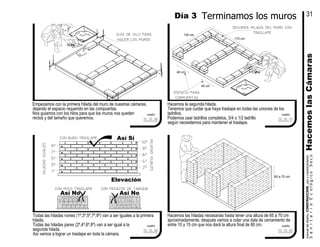 4º
hiladasiguales
hiladasiguales
Todas las hiladas nones (1º,3º,5º,7º,9º) van a ser iguales a la primera
hilada.
Todas las hiladas pares (2º,4º,6º,8º) van a ser igual a la
segunda hilada.
Así vamos a lograr un traslape en toda la cámara.
Hacemos las hiladas necesarias hasta tener una altura de 65 a 70 cm
aproximadamente, después vamos a colar una dala de cerramiento de
entre 10 y 15 cm que nos dará la altura final de 80 cm.
Elevación
3º
1º
cuadro
2º
65 a 70 cm
cuadro
Empezamos con la primera hilada del muro de nuestras cámaras,
dejando el espacio requerido en las compuertas.
Nos guiamos con los hilos para que los muros nos queden
rectos y del tamaño que queremos.
espacio para
compuertas
130 cm
40 cm
Hacemos la segunda hilada.
Tenemos que cuidar que haya traslape en todas las uniones de los
ladrillos.
Podemos usar ladrillos completos, 3/4 o 1/2 ladrillo
según necesitemos para mantener el traslape.
9º
7º
5º
cuadro
10º
8º
6º
40 cm
cuadro
segunda hilada del muro con
traslape
170 cm
guía de hilo para
hacer los muros
Así Sí
Así No Así No
Terminamos los murosDía 3
HacemoslasCámarasSanitarioEcológicoSeco
manualdediseńo,CONSTRUCCION,usoymantenimiento
31
3.3.6 3.3.7
3.3.93.3.8
con buen traslape
con poco traslape con pedazos de tabique
 