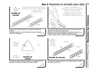 estribo
amarrado a
las tres
varillas
cada 18 cm
18 cm
Para hacer los estribos doblamos el alambron en triángulos de 8 cm
cada lado y amarramos con alambre recocido el traslape.
cuadro
Para hacer los armados amarramos con alambre recocido a 3 varillas
los estribos a cada 18 cm.
Detalle de armado
cuadro
cuadro
Otra opción es hacer nuestro propio armado. Entonces necesitamos
varilla de 3/8 y alambrón para los estribos.
Medimos los muros de las cámaras y cortamos tramos de varilla
necesarios según el largo. Necesitamos 3 varillas por cada
armado y vamos a poner un estribo de alambrón cada 18 cm.
varillas
cuadro
Antes de colar la dala necesitamos una estructura de acero para
reforzarla.
Se puede conseguir un armex prefabricado de sección triangular
del tamaño más pequeño.
8 cm
8 cm
con armex prefabricado, para hacer las
cámaras de 130 cm x 170 cm necesitamos:
Detalle de
armado
estribo
de alambrón
8 cm
Detalle de
estribo
8 cm
3 tramos de 120 cm
2 tramos de 165 cm
165 cm
120 cm
tramos de
varilla
tijeras
cortapernos
9 tramos de varilla de 120 cm
6 tramos de varilla de 165 cm
39 tramos de alambron de 30 cm
si vamos a hacer nosotros el
armado para hacer las cámaras de
130 cm x 170 cm necesitamos:
165 cm
estribos
Día 3 Hacemos el armado para dala
HacemoslasCámarasSanitarioEcológicoSeco
manualdediseńo,CONSTRUCCION,usoymantenimiento
32
3.3.10
3.3.12
3.3.11
3.3.13
amarre con
alambre
recocido
 