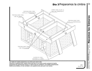 Con tablas de madera preparamos una cimbra para colar la dala.
Clavamos y sujetamos bien nuestra cimbra para que no se mueva cuando vaciamos la mezcla.
Preparamos las perforaciones donde va a estar el tubo de ventilación y las botellas atrapamoscas.
Metemos las botellas y el tubo ventilador y los sujetamos bien para que no se muevan.
perforaciones para
tubo ventilador
cuadro
perforaciones para
botella atrapamoscas
cimbra para colar la
dala de cerramiento
elementos para
sostener la cimbra
perforaciones para
botella atrapamoscas
perforaciones para
tubo de orina
Preparamos la cimbraDía 3
HacemoslasCámarasSanitarioEcológicoSeco
manualdediseńo,CONSTRUCCION,usoymantenimiento
33
3.3.14
 