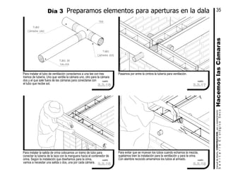 Pasamos por entre la cimbra la tubería para ventilación.
Para evitar que se muevan los tubos cuando echamos la mezcla,
sujetamos bien la instalación para la ventilación y para la orina.
Con alambre recocido amarramos los tubos al armado.cuadro
Para instalar el tubo de ventilación conectamos a una tee con tres
tramos de tubería. Uno que ventila la cámara uno, otro para la cámara
dos y el que sale fuera de las cámaras para conectarse con
el tubo que recibe sol.
cuadro cuadro
tubo
cámara uno
tubo
cámara dos
tee
tubo de
salida
Para instalar la salida de orina colocamos un tramo de tubo para
conectar la tubería de la taza con la manguera hacia el contenedor de
orina. Según la instalación que diseñamos para la orina,
vamos a necesitar una salida o dos, una por cada cámara.
cuadro
Preparamos elementos para aperturas en la dalaDía 3
HacemoslasCámarasSanitarioEcológicoSeco
manualdediseńo,CONSTRUCCION,usoymantenimiento
35
3.3.16
3.3.18 3.3.19
3.3.17
 