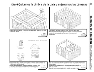 Con una cuchara de albañil repellamos todas las paredes internas de
las cámaras.
Podemos usar una llana para emparejar el repello y dejarlo lo
más liso posible.
Cuando terminamos limpiamos la mezcla que cayó al piso.
¼ bulto de
cemento
La proporción de la mezcla para repellar el interior de las cámaras es:
1 de cemento x 3 de arena
Primero revolvemos todo en seco y después echamos agua
y seguimos revolviendo hasta tener una mezcla espesa.
Después de 24 horas podemos quitar la cimbra de la dala.
Para impermeabilizar las cámaras y facilitar su aseo cuando las
vaciemos vamos a enjarrar los muros internos con un
repello liso.
1¾ botes de
Cuando llenamos la dala y cubrimos todo el armado, alisamos con una
cuchara de albañil.
cemento
arena de río
1¼ bote de
agua
Día 4 Quitamos la cimbra de la dala y enjarramos las cámaras
HacemoslasCámarasSanitarioEcológicoSeco
manualdediseńo,CONSTRUCCION,usoymantenimiento
38
3.3.24
cuadro
3.3.26
cuadro
3.3.27
cuadro
3.3.25
cuadro
*medidas con botes de 19 litros
50 Kg
 