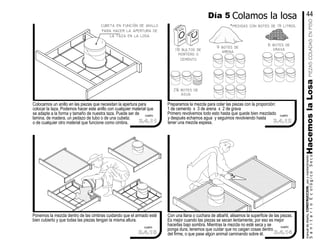 Colocamos un anillo en las piezas que necesitan la apertura para
colocar la taza. Podemos hacer este anillo con cualquier material que
se adapte a la forma y tamaño de nuestra taza. Puede ser de
lamina, de madera, un pedazo de tubo o de una cubeta;
o de cualquier otro material que funcione como cimbra.
Ponemos la mezcla dentro de las cimbras cuidando que el armado esté
bien cubierto y que todas las piezas tengan la misma altura.
Con una llana o cuchara de albañil, alisamos la superficie de las piezas.
Es mejor cuando las piezas se secan lentamente, por eso es mejor
hacerlas bajo sombra. Mientras la mezcla no esté seca y se
ponga dura, tenemos que cuidar que no caigan cosas dentro
del firme, o que pase algún animal caminando sobre él.
Preparamos la mezcla para colar las piezas con la proporción:
1 de cemento x 3 de arena x 2 de grava
Primero revolvemos todo esto hasta que quede bien mezclado
y después echamos agua y seguimos revolviendo hasta
tener una mezcla espesa.
2¼ botes de
agua
arena
9 botes de
6 botes de
grava
mortero o
cemento
1½ bultos de
cemento
cemento
manualdediseńo,CONSTRUCCION,usoymantenimiento
SanitarioEcológicoSecoHacemoslaLosa
Día 5 Colamos la losa
cubeta en función de anillo
para hacer la apertura de
la taza en la losa
44
3.4.11
cuadro
3.4.13
cuadro
3.4.14
cuadro
3.4.12
cuadro
50 Kg
*medidas con botes de 19 litros.
PIEZASCOLADASENPISO
 