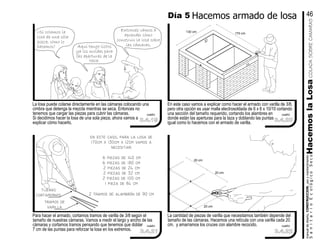 en este caso, para la losa de
170cm x 130cm x 12cm vamos a
necesitar:
6 piezas de 140 cm
6 piezas de 180 cm
2 piezas de 24 cm
2 piezas de 32 cm
2 piezas de 100 cm
1 pieza de 84 cm
2 tramos de alambrón de 90 cm
La losa puede colarse directamente en las cámaras colocando una
cimbra que detenga la mezcla mientras se seca. Entonces no
tenemos que cargar las piezas para cubrir las cámaras.
Si decidimos hacer la losa de una sola pieza, ahora vamos a
explicar cómo hacerlo.
tijeras
cortapernos
tramos de
varilla
COLADASOBRECAMARAS
La cantidad de piezas de varilla que necesitamos también depende del
tamaño de las cámaras. Hacemos una retícula con una varilla cada 20
cm. y amarramos los cruces con alambre recocido.
20 cm
En este caso vamos a explicar como hacer el armado con varilla de 3/8,
pero otra opción es usar malla electrosoldada de 6 x 6 x 10/10 cortando
una sección del tamaño requerido, cortando los alambres en
donde están las aperturas para la taza y doblando las puntas
igual como lo hacemos con el armado de varilla.
20 cm
20 cm
130 cm 170 cm
5
¿Si colamos la
losa de una sóla
pieza, cómo lo
hacemos?
Entonces vamos a
aprender cómo
construir la losa sobre
las cámaras.Aquí tengo listos
ya los moldes para
las aperturas de la
taza.
Para hacer el armado, cortamos tramos de varilla de 3/8 según el
tamaño de nuestras cámaras. Vamos a medir el largo y ancho de las
cámaras y cortamos tramos pensando que tenemos que doblar
7 cm de las puntas para reforzar la losa en los extremos.
manualdediseńo,CONSTRUCCION,usoymantenimiento
SanitarioEcológicoSecoHacemoslaLosa
Día 5 Hacemos armado de losa 46
3.4.19
cuadro
3.4.21
cuadro
3.4.22
cuadro
3.4.20
cuadro
 