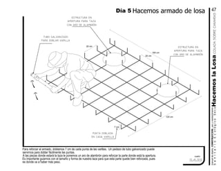 tubo galvanizado
para doblar varilla
Para reforzar el armado, doblamos 7 cm de cada punta de las varillas. Un pedazo de tubo galvanizado puede
servirnos para doblar fácilmente las puntas.
A las piezas donde estará la taza le ponemos un aro de alambrón para reforzar la parte donde está la apertura.
Es importante guiarnos con el tamaño y forma de nuestra taza para que esta parte quede bien reforzada, pues
es donde va a haber más peso.
punta doblada
en cada varilla
7 cm
165 cm
125 cm
20 cm
estructura en
apertura para taza
con aro de alambrón
20 cm
estructura en
apertura para taza
con aro de alambrón
manualdediseńo,CONSTRUCCION,usoymantenimiento
SanitarioEcológicoSecoHacemoslaLosa
Día 5 Hacemos armado de losa 47
3.4.23
cuadro
COLADASOBRECAMARAS
 