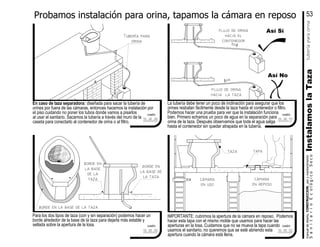 Probamos instalación para orina, tapamos la cámara en reposo
La tubería debe tener un poco de inclinación para asegurar que los
orines resbalan fácilmente desde la taza hasta el contenedor o filtro.
Podemos hacer una prueba para ver que la instalación funciona
bien. Primero echamos un poco de agua en la separación para
orina de la taza. Después observamos que toda el agua salga
hasta el contenedor sin quedar atrapada en la tubería.
IMPORTANTE: cubrimos la apertura de la cámara en reposo. Podemos
hacer esta tapa con el mismo molde que usamos para hacer las
aperturas en la losa. Cuidamos que no se mueva la tapa cuando
usamos el sanitario, no queremos que se esté abriendo esta
apertura cuando la cámara está llena.
borde en
la base
de la
taza
borde en la base de la taza
Para los dos tipos de taza (con y sin separación) podemos hacer un
borde alrededor de la base de la taza para dejarla más estable y
sellada sobre la apertura de la losa.
borde en
la base de
la taza
manualdediseńo,CONSTRUCCION,usoymantenimiento
SanitarioEcológicoSecoInstalamoslaTazatuberíaparaorina
En caso de taza separadora: diseñada para sacar la tubería de
orines por fuera de las cámaras, entonces hacemos la instalación por
el piso cuidando no poner los tubos donde vamos a pisarlos
al usar el sanitario. Sacamos la tubería a través del muro de la
caseta para conectarlo al contenedor de orina o al filtro.
tapataza
cámara
en uso
cámara
en reposo
Tubería para
orina
Así Síflujo de orina
hacia el
contenedor
flujo de orina
hacia la taza
Así No
53
3.5.6
cuadro
3.5.8
cuadro
3.5.9
cuadro
3.5.7
cuadro
 
