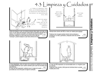 Antes de empezar a usar una cámara siempre debe haber una capa de
unos 7 cm de "tierra de arranque" sobre toda la superficie del piso de la
cámara. O si estamos vaciando una cámara para sacar el abono
terminado, dejamos un poco para que sirva como capa de
"arranque" y poder empezar a usar esta cámara de nuevo.
Es muy importante echar al interior de la cámara la medida de una taza
de mezcla depués de usar nuestro sanitario para cubrir las excretas que
depositamos.
En caso de SES separador cuidamos que no caiga en la parte
por donde se va la orina para no tapar el conducto.
LimpiezayCuidados
En caso de SES separador es recomendable tener un mingitorio para
los varones.
Puede ser más comodo y fácil para los hombres tener su propio
mueble para orinar.
Siempre tener dentro del SES un bote con materia para agregar.
Podemos tirar el papel sanitario dentro de las cámaras o
ponerlos en un bote, quemarlos y después echar las ceniza
en el SES.
la tierra de arranque tiene
todos los microorganismos que
se necesitan para empezar el
tratamiento de descomposición
en el SES
puede ser abono
del SES,
tierra seca de un
suelo sano o
composta
orgánica.
bote con
mezcla para
agregar y
cubrir
bote para
tirar
papeles
57
SanitarioEcológicoSeco
manualdediseńo,construcción,USOyMANTENIMIENTO
4.3.1
cuadro cuadro
4.3.2
cuadro
4.3.4
cuadro
4.3.3
 
