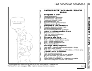 manualdediseńo,construcción,usoymantenimiento
SanitarioEcológicoSecoAbono:susbeneficios
66
Los beneficos que ofrece la producción de abono es una razón valiosa para usar el sistema del SES.
Además del hecho de no usar agua, el SES es un sistema valioso en muchos otros aspectos.
cuadro
6.1.2
Los beneficios del abono
Enriquece al suelo
Agrega materia orgánica
Favorece la fertilidad y productividad
Alivia enfermedades de las plantas
Protege contra ataques de insectos
Aumenta la retención de agua
Agrega al suelo microorganismos benéficos
Regula la temperatura del suelo
Previene la contaminación
Reduce la producción de metano en el suelo
Reduce o elimina la basura orgánica
Reduce o elimina la producción de aguas negras
Rebaja la intoxicación química
Puede tratar algunos metales pesados
Limpia el aire contaminado
Alivia la contaminación actual
Reduce la producción de metano en el suelo
Ayuda a restaurar el hábitat de diversas especies
Ayuda a restaurar suelos erosionados
Ayuda a recuperar la humedad del suelo
Previene la erosión deslaves
Restauta a la tierra
Destruye a los patógenos
Puede destruir a organismos que causan enfermedades al humano
Puede destruir plantas patógenas
Puede destruir a organismos que causan enfermedades a animales de granja
Apoya a nivel económico
Puede usarse para producir comida
Puede eliminar el costo que implican las redes de drenaje
Reduce la necesidad de agua, fertilizantes y pesticidas
Puede venderse como un producto
Extiende la vida fértil de los suelos por la diversidad de compuestos
Utiliza técnicas biológicas de bajo o nulo costo económico
¿Cuál es la magia de
un buen abono?
RAZONES IMPORTANTES PARA PRODUCIR
ABONO
 