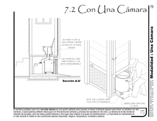 Sección A-A'
El sanitario ecológico seco con una sola cámara es una opción perfecta para quienes no tienen suficiente espacio para hacer un sanitario con dos
cámaras. O para quienes prefieren desocupar con frecuencia las cámaras y procesar las excretas en otro sitio. La cámara es el sitio donde se
colectan las excretas, pero los botes pueden llevarse a otro lugar para realizar el proceso de transformación. Lo importante es mantenerlas en
un sitio durante 6 meses en las condiciones básicas requeridas: oxigeno, temperatura, humedad y balance.
rampa para deslizar
el bote
bote con llantas para
facilitar su movimiento
Modalidad:UnaCámara
7.2
cuadro
las excretas caen
directamente a un
bote intercambiable
se puede fijar la
taza porque siempre
estará en la misma
cámara
SanitarioEcológicoSeco
manualdediseńo,construcción,usoymantenimiento
75
 