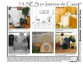 Uno de los conflictos más fuertes para aceptar al sistema de sanitarios secos como la mejor opción para el tratamiento de materiales del baño es el
rechazo a los mismos. Frecuentemente la gente protesta ante el sanitario seco por relacionarlo con letrinas que considera apestosas, sucias,
denigrantes y atrasadas tecnológicamente. El SES es una opción digna, sana y sin olores para los cuerpos más exigentes. La seguridad que ofrece
permite instalar un SES en el interior de cualquier casa o edificios. Estos son algunos ejmplos en varios puntos del mundo.
manualdediseńo,construcción,usoymantenimiento
SanitarioEcológicoSeco
cuadro
Modalidad:InteriordeCasa
76
7.3
FUENTE: Bio Let, www.biolet.com, (vi: 8 de septiembre
del 2002)
FUENTE: Sun-Mar, www.sun-mar.com, (vi: 8 de
septiembre del 2002)
FUENTE: CITA, www.laneta.apc.org/esac/citaesp.htm,
(vi: 8 de septiembre del 2002)
FUENTE: Joseph Jenkins, The humanute handbook,
USA, 1999, pp 189.
Bio Let, USA Sun-Mar, Canada
Sanitario separador, CITA, MéxicoSanitario abonero con aserrín, USA Sanitario abonero con aserrín,
Guadalajara, México
 