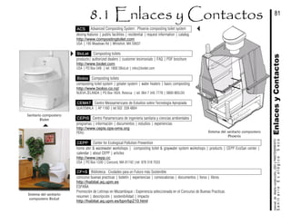 ACS Advanced Composting System : Phoenix composting toilet system
desing features | public facilities | residential | request information | catalog
http://www.compostingtoilet.com
USA | 195 Meadows Rd | Whitefish, MA 59937
BioLet Composting toilets
products| authorized dealers | customer tesimonials | FAQ | PDF brochure
http://www.biolet.com
USA | PO Box 548 | tel: 1800 5BioLet | info@biolet.com
Bioloo Composting toilets
composting toilet system | greater system | water heaters | basic composting
http://www.bioloo.co.nz/
NUEVA ZELANDA | PO Box 1834, Rotorua | tel: 064 7 345 7778 | 0800 BIOLOO
CEMAT Centro Mesoamericano de Estudios sobre Tecnología Apropiada
GUATEMALA | AP 1160 | tel 502 339 4804
CEPIS Centro Panamericano de ingeniería sanitaria y ciencias ambientales
programas | información | documentos | estudios | experiencias
http://www.cepis.ops-oms.org
PERU
CEPP Center for Ecological Pollution Prevention
home ater & wastewater workshops | composting toilet & graywater system workshops | products | CEPP EcoSan center |
calendar | about CEPP | articles
http://www.cepp.cc
USA | PO Box 1330 | Concord, MA 01742 |tel: 978 318 7033
CF+S Biblioteca : Ciudades para un Futuro más Sostenible
concurso buenas practicas | boletín | experiencias | convocatorias | documentos | foros | libros
http://habitat.aq.upm.es
ESPAÑA
Promoción de Letrinas en Mozambique : Experiencia seleccionada en el Concurso de Buenas Practicas
resumen | descripción | sostenibilidad | impacto
http://habitat.aq.upm.es/bpn/bp210.html
Sistema del sanitario compostero
Phoenix
Sanitario compostero
Biolet
Sistema del sanitario
compostero BioLet
EnlacesyContactosSanitarioEcológicoSeco
manualdediseńoconstrución,USOyMANTENIMIENTO
81
 