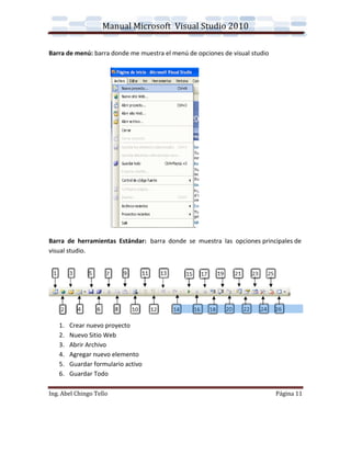 Manual Microsoft Visual Studio 2010

Barra de menú: barra donde me muestra el menú de opciones de visual studio




Barra de herramientas Estándar: barra donde se muestra las opciones principales de
visual studio.




   1.   Crear nuevo proyecto
   2.   Nuevo Sitio Web
   3.   Abrir Archivo
   4.   Agregar nuevo elemento
   5.   Guardar formulario activo
   6.   Guardar Todo

Ing. Abel Chingo Tello                                                       Página 11
 