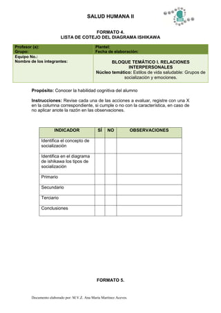 SALUD HUMANA II

                                       FORMATO 4.
                         LISTA DE COTEJO DEL DIAGRAMA ISHIKAWA

Profesor (a):                                 Plantel:
Grupo:                                        Fecha de elaboración:
Equipo No.:
Nombre de los integrantes:                            BLOQUE TEMÁTICO I. RELACIONES
                                                             INTERPERSONALES
                                               Núcleo temático: Estilos de vida saludable: Grupos de
                                                           socialización y emociones.

        Propósito: Conocer la habilidad cognitiva del alumno

        Instrucciones: Revise cada una de las acciones a evaluar, registre con una X
        en la columna correspondiente, si cumple o no con la característica, en caso de
        no aplicar anote la razón en las observaciones.



                     INDICADOR                  SÍ   NO              OBSERVACIONES

             Identifica el concepto de
             socialización

             Identifica en el diagrama
             de ishikawa los tipos de
             socialización

             Primario

             Secundario

             Terciario

             Conclusiones




                                               FORMATO 5.


        Documento elaborado por: M.V.Z. Ana María Martínez Aceves.
 