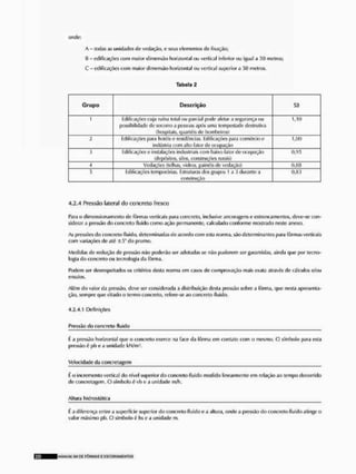 ontle:
A - todas as unidades de vedação, e seus elementos de fixação;
B - edificações com maior dimensão horizontal ou vertical inferior ou igual a 30 metros;
C - edificações com maior dimensão horizontal «u vertical superior a metros,
Tabela 2
G r u p o Descrição S3
1 Edificações cuja ruína lotai ou parcial pode afetar a segurança ou
possibilidade de socorro a pessoas após uma tempestade destrutiva
(hospitais, quartéis de iMimheiros)
1,10
2 Edificações para hotéis e residências. Edificações para comércio e
indústria com alto fator de ocupação
1,00
Edificações e instalações industriais com baixo fator de ocupação
(depósitos, silos, construções rurais)
0,9.1
4 Vedações (telhas, vidros, painéis de vedação) o,oa
5 Edificações temporárias, Estruturas dos grupos i a 3 durante a
construção
0,83
4.2.4 Pressão lateral do concreto fresco
Para o dimensionam uni o de fôrmas verticais para concreto, inclusive ancoragens e estro ncamen tos, deve-se con-
siderar a pressão do concreto fluido como ação permanente, calculado conforme mostrado neste anexo.
As pressões do concreto fluido, determinadas de acordo com esta norma, são determinantes para fôrmas verticais
com variações de até +5° do prumo.
Medidas de redução de pressão não poderão ser adotadas se não puderem ser garantidas, ainda que por tecno-
logia do concreto ou tecnologia da fôrma.
Podem ser desrespeitados os critérios desta norma em casos de comprovação mais exala através de cálculos e/ou
ensaios.
Além do valor (ia pressão, deve ser considerada a distribuição desta pressão sobre a fôrma, que nesta apresenta-
ção, sempre que citado o termo concreto, refere-se ao concreto fluido,
4.2.4.1 Definições
Pressão do concreto fluido
É a pressão horizontal que o concreto exerce na face da fôrma em contato com o mesmo, O símbolo para esta
pressão é pb o a unidade kN/m2,
Velocidade da çoncrotagem
É o incremento vertical do nível superior do concreto fluido medido linearmente em relação ao tempo decorrido
de concretagem. O sfmbolo é vb e a unidade m/h.
Altura hidroslática
( a diferença entre a superfície superior do concreto fluido e a altura, onde a pressão do concreto fluido atinge o
valor máximo pb. O sfmbolo é hs e a unidade m,
klANUAI $
1
1 D£ FÔRMAS £ ESCORAM£NTOS
 