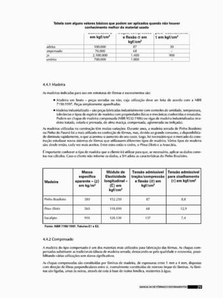 Tabela com alguns valores básicos que podem ser aplicados quando mio houver
conhecimento melhor do material usado
e m kgf/cm2
B + « mg ES. V , U U I ^ I ^ I .
e flcxão a e m
kgf/cm2
X e m k g f / c m '
adeira 100.000 (!7 30
impensado 70,000 ee -
2,100,000 1.400 9()0
eniínio 700.000 1,000 -
4.4.1 Madeira
As madeiras indicadas para uso em estruturas de fôrmas e escoramenlos são:
• Madeira cm bruto - peças serradas ou não, t uja utilização deve ser feita de acordo com a NBFi
7190:1 Peças simplesmente aparelhadas.
• Madeira Industrializada - são pecas fabricadas industrialmente com controles de umidade, temperatura,
tolerâncias e tipos de espécie do madeira com propriedades físicas o mecânicas conhecidas o ensaiadas.
Podem ser chapas de madeira compensada (NfíR <)532:19W>) ou vigas do madeira industrializadas (ma-
deira tratada, colada e prensada, de alma maciça, compensada, aglomerada ou trelíçada),
As madeiras utilizadas na construção tüm muitas variações. Durante anos, a madeira serrada de Pinho Brasileiro
ou Pinho do Paraná foi a mais utilizada na confecção de fôrmas, mas, devido ao grande consumo, a disponibilida-
de diminuiu rapidamente, o que acarretou o aumento do seu custo, Logo, foi necessário que o mercado da cons-
trução estudasse novos sistemas de fôrmas que utilizassem diferentes tipos de madeira. Vários tipos de madeira
são, desde então, cada vei mais aceitos, Entre estes estão o cedro, o Piws Eliotísn a Araucária.
í importante conhecer o tipo de madeira que o cliente irá utilizar para que, se necessário, aplicar os dados corre-
tos nos cálculos. Caso o cliente não Informe os dados, a $H adota as características do Pinho Brasileiro,
M a d e i r a
M a s s a
específica
aparente - (p)
e m kg/m3
M ó d u l o d e
Elasticidade
longitudinal -
( E ) e m
kg f/cm2
T e n s ã o a d m i s s í v e l
t raça o/co rn press ão
e flexão (O) e m
kgf/cm*
T e n s ã o a d m i s s í v e l
para c i s a l h a m e n t o
|T) e m kgf/cm*
Pinho Brasileiro 5 0 0 152,250 8 7 Í5.31
Pfrtuí Eliolis 5 6 0 11 &.890 6 8 1 2 , 9
Eucalipto 9 1 » 12IS.1J0 157 7,4
Ponta: NBR 7190/1997. Tabolas E1 o E3.
4.4,2 Compensado
A madeira do tipo compensado ô um dos materiais mais utilizados para fabricação das fôrmas. As chapas com-
pensadassul)slitucm as tradicionais láhuas do madeira serrada, destacando-se pela qualidade o economia, possi-
bilitando várias utilizações sem danos significativos.
As chapas compensadas são constituídas por lâminas de madeira, de espessuras entre l mm a 4 mm, dispostas
com direção de fibras perpendiculares entre si, normalmente constituídas de número fmpar de lâminas. As lâmi-
nas sáo ligadas, umas ãs outras, através de cola ã base de resina fenúlica, resistentes ã água.
 