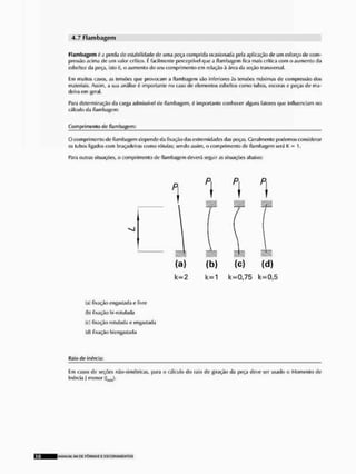 4.7 Flambagem
Flambagem í a perda de estabilidade de uma peça comprida ocasionada pela aplicação de um esforço de com-
pressão acima de um valor crítico. í facilmente perceptível que a ílambagem fica mais crítica com o aumento da
esbeltcz da peça, isto <
5
, o aumento do seu comprimento em relação ã área da seção transversal.
Cm muitos casos, as lensões que provocam a flambagem são inferiores ãs tensões máximas de compressão dos
materiais, Assim, a sua anãlíse 6 importante no caso de elementos esbellos como tubos, escuras o peças de ma-
deira em geral.
Para determinação da carga admissível de flambagem, í importante conhecer alguns fatores que influenciam no
cálculo da flambagem:
Comprimento de flambagem:
O comprimento de flambagem depende da fixação das extremidades das peças. Geralmente podemos considerar
os tubos ligados com braçadeiras como rótulas; sendo assim» o comprimento de flambagem será K — I.
Para outras situações, o comprimento de flambagem deverá seguir as situações abaixo:
(a) fixação engastada e livre
(b) fixação bi-rotulada
(c) fixação rotulada e engastada
(d) fixação b!engastada
Raio de inércia:
Em casos de seções não-si métricas, para o cálculo do raio de giraçáo tia peça deve ser usado ti Momento de
Inércia I menor (J J .
k = 2 k = 1 k = 0 , 7 5 k = 0 , 5
MANUVU S I I D£ F Ô R M A S £ ESCOFIAMF NTOS
 