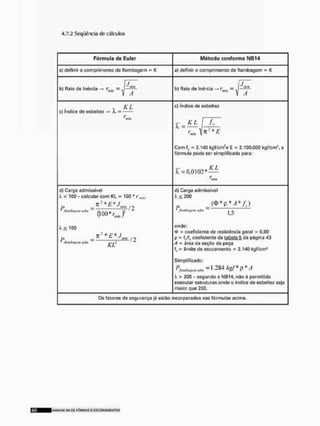 4.7.2 Seqüência de cálculos
F ó r m u l a de E u l e r M é t o d o c o n f o r m e N B 1 4
a) definir o comprimento de flambagem « K a) definir o comprimento d& flambagem •» K
b) Raio de Inércia - = b) Fíaio de Inércia fmln = J - j L
o) índice de esbeitez —» X = ^ —
'min
c} índice de esbeltez
C o m f, = 2.140 kgf/cm!e E = 2.100,000 kgfam! , a
fórmula pode ser simplificada para:
£ = 0 , 0 1 0 2 * —
'min
dj Carga admissível
X < 100-calcular c o m KL = 100 * rmlB1
T
C 2 * F * /
p _ mim tt
fttmkwm tííit» / . ^ 2 **
V 'min /
i . ^ 1 0 0
T
C " * E * /
p _ ' L '•* " hi In j t
Jkrmlxixi'") <>M jSj 1 ~
d) Carga admissível
X £ 200
_ ( < [ > * p * A * f y )
tittm/tf^'m ihfm | ^
onde:
(j) = coeficiente de resistência geral = 0,90
o = Uf,. coeficiente da tabela 5 da página 43
A - área da seção da peça
fr = limite de escoamento = 2,140 kgf/cm2
Simplificado:
= 1-284 kgf* p* A
X > 200 - segundo a NB14, nâo é permitido
executar estruturas onde o índice de esbeitc; seja
maior que 200.
Os fatores de segurança Já estão incorporados nas fórmulas acima.
I M A N I M I SLL DE F Ô R M A S E E S C O R A M E N T O S
 