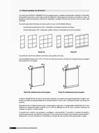 5.1 Painel modular de 40 kN/m2
Os painéis para 40 kN/m4 tTckko® SM) são de pequenas íirens, variando suas dimensões conforme o fornecedor.
Esses painéis apresentam o mais amplo campo de utilizações, desde pequenas estruturas como blocos e vigas, até
grandiosas estruturas industriais, podendo ser adaptados a qualquer elemento da estrutura: blocos, pilares, vigas
e paredes.
Os painéis apresentam dois tipos de estruturações em aço com finalidades distintas;
• [Minei para parodos/muros (.PA) - destinados ã execução de paredes contínuas;
* painel para pilares (PI) - destinados a pilares, blocos e fechamento de cantos de paredes.
Painel PA Painel PI
Os painéis do Tipo PI silo também conhecidos corno painéis universais.
A principal diferenciação entre o PA e o PI está na furagclo da estrutura e da chapa de compensado para passagem
dos acessórios de ancoragem.
Painel PA, detalhamento das (orações. Painel Pt, detalhamento das furações.
As fôrmas Tekko® Si I (de 40 kN/nv') são de fácil manuseio; esse sistema pesa aproximadamente 50 kg/m-, per-
mitindo um índice de produtividade de 0,5 homem hora/m! contra o de 1,50 homem hora/m' das fôrmas em
madeira.
Dependendo dos cuidados de preservação, armazenagem e aplicação, os compensados plastificados de 12 mm,
rebilados na estrutura do painel, poderão ter um ciclo de utilização de até 50 vezes, conforme orientação de
cuidados no capitulo 15 deste manual.
Os painéis sem acessórios não garantem a moldagem e estanqueidade. f necessário o conjunto de painéis e
acessórios para garantir o perfeito funcionamento. O uso correto dos acessórios éque permite a estanqueldade, o
alinhamento e o prumo dos painéis. Características e funções de cada acessório serão apresentadas a seguir:
KLANUAI S I I D£ F Ô R M A S £ E S C O F I A M E N T O S
 