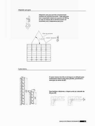 Adaptado r para grua
Adaptador para grua permito a movimentação
mecânica do conjunto do painéis, Cada adaptador
tom a capacidade máxima do suportar até SOO kg,
ou soja, no máximo 20 m' do fôrma podam sor
levantados com 2 adaptadores para grua.
Cabo içamarita
4 Concho imflxpons
Canio Inlcrno
•H
L
•4P
O canto interno tom 30 cm de largura o ó utilizado para
acabamento interno entro duas paredes, permitindo a
execução do cantos do 90°.
Para facilitar a desforma, o ângulo pode sor reduzido de
00 poro Bít".
I F = T T
 